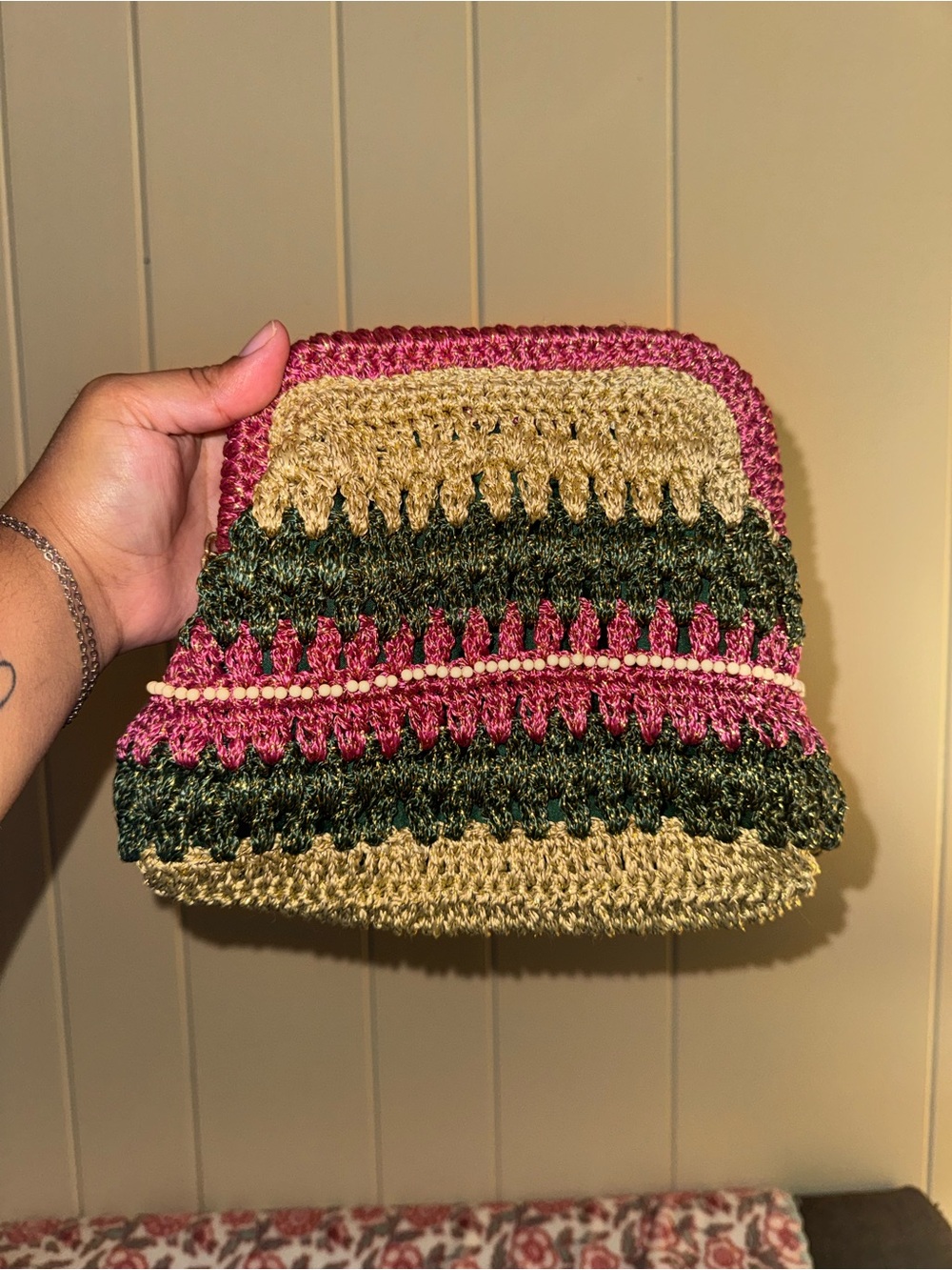 Free People Crocheted Women's Clutch Bag in Green, Pink & Tan